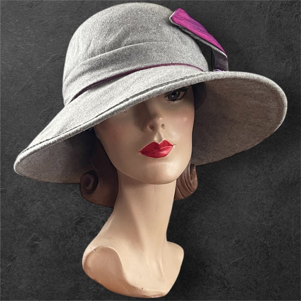 Kate Landry Grey 100% Wool Hat Wide Brim Cloche Purple Satin Ribbon ✨READ✨ - Picture 4 of 13